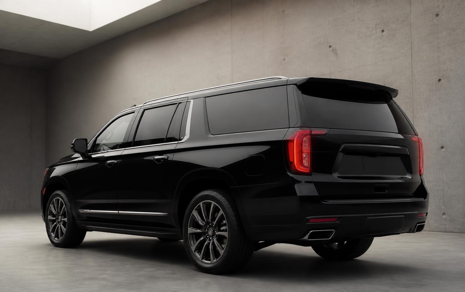 Rear three-quarter view of a black GMC Yukon XL Denali in a concrete architectural space